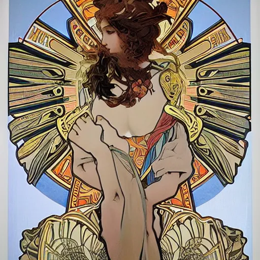 Prompt: A Nike Goddess of Victory with wings by Alphonse Mucha and Yoji Shinkawa in the syle of Art Noveau