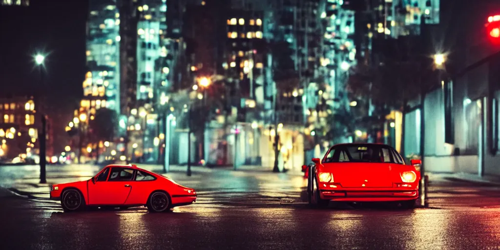 Prompt: Lone 80s red Porsche sports car on deserted city street at night time, purple lighted street, wide angle, cinematic, retro-wave vibes, grainy, soft motion blur, VHS Screencap