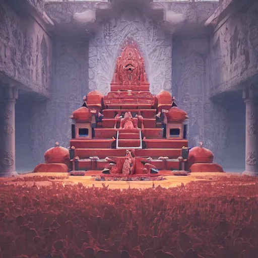 Image similar to a gigantic and minimalistic temple, soft red tone colors, where everyone is an npc, frozen in motion, high detail, artwork, filmgrain, soft tones, soft lighting