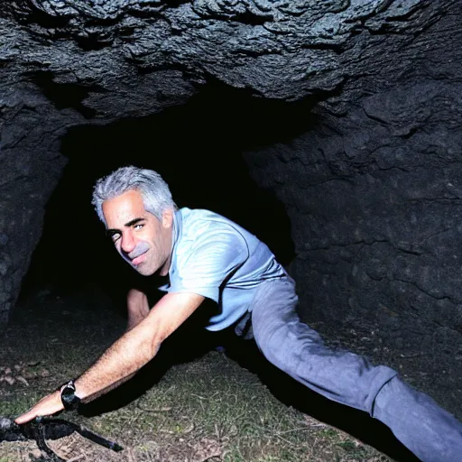 Prompt: Jeffery Epstein crawling in a dark cave, photography, creepy, ray william johnson, 8k,