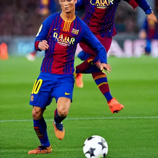 Image similar to Cristiano Ronaldo and Lionel Messy playing together in FC Barcelona. Realistic.
