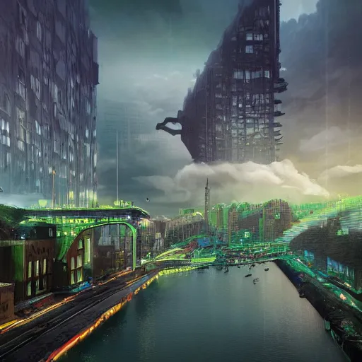 Image similar to future city made from bright concrete and steel, metropolis, brutalist, waterways, waterfalls, dramatic clouds, neon green lava streets, god rays, digital art, landscape, fantasy art, octane render, pop art, ureal engine, high detail, very realistic, by greg rutkowski. by simon stalenhag