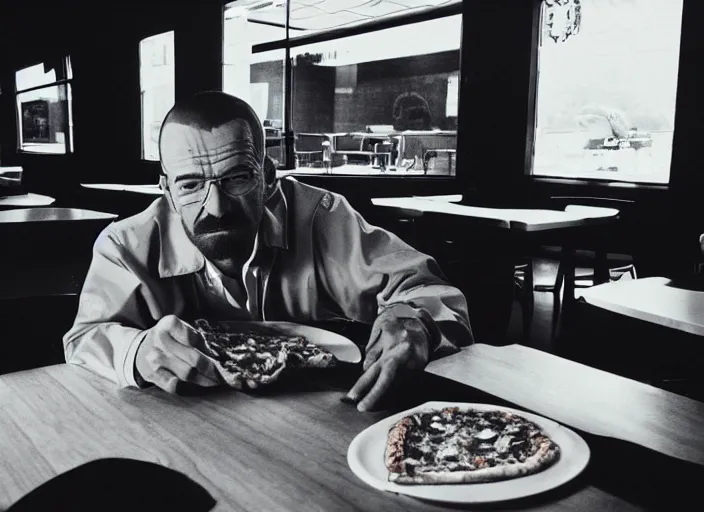 Image similar to portrait of walter white eating pizza sitting with president obama at chuck - e - cheese, dramatic lighting, moody film still from breaking bad ( 2 0 1 2 ), 3 5 mm kodak color stock, 2 4 mm lens, directed by rian johnson, ecktochrome