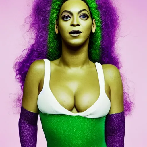 Image similar to Singer Beyoncé with green skin and dark green hair, wearing a white leotard with two purple vertical stripes, green skinned, wearing purple and white fingerless gloves, wearing purple and white sneakers, mini skirt, smiling, detailed legs, hyperreal, surreal, bokeh, tilt shift photography, green arms, green legs, green face,