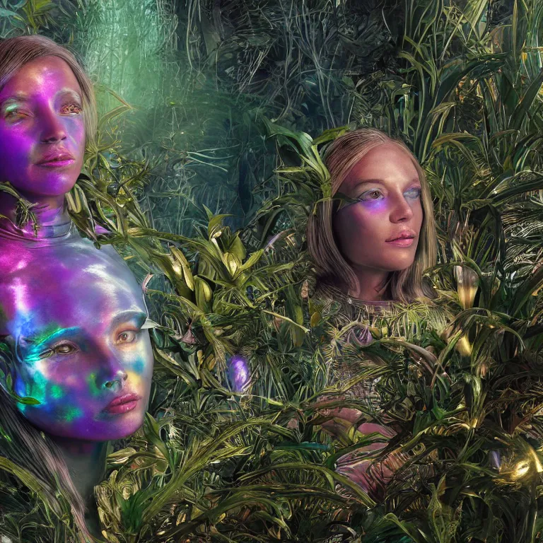 Image similar to octane render portrait by wayne barlow and carlo crivelli and glenn fabry, subject is a woman covered in tie - dye hoodie with iridescent metallic space helmet, surrounded by alien plants, cinema 4 d, ray traced lighting, very short depth of field, bokeh