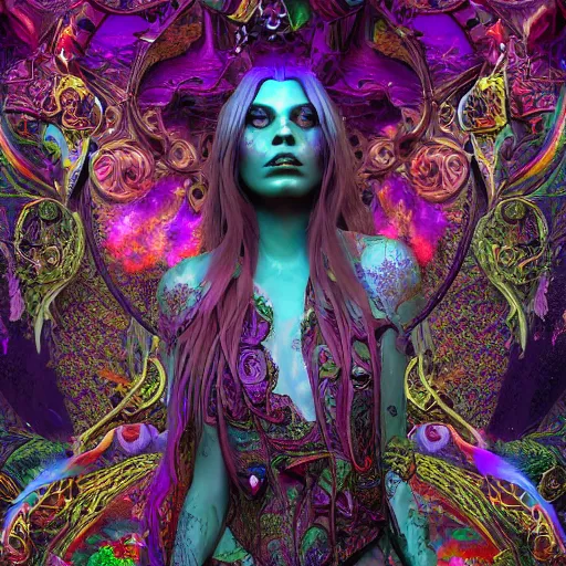 Image similar to psychadelic witch, beautiful face, hyper detailed, flowing psychadelic background intricate and detailed, ornate 8 k gorgeous intricate detailed, octane render