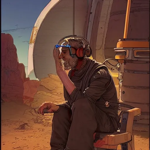 Image similar to Hosea the Beggar priest with cyberpunk headset in busy spaceport on luna 5 colony. Gritty Concept art by James Gurney and Mœbius.