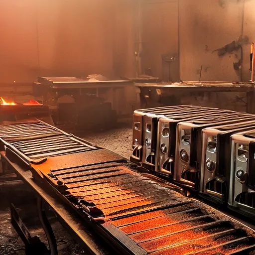 Image similar to toaster ovens on conveyor belt, dark messy smoke - filled cluttered workshop, dark, dramatic lighting, orange tint, sparks, cinematic, highly detailed, sci - fi, futuristic, movie still