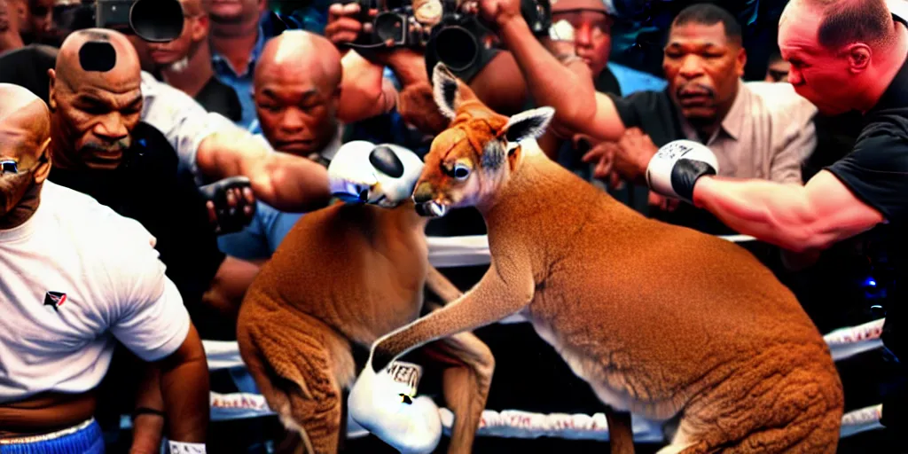 Image similar to Mike Tyson boxing with a kangaroo in Las Vegas, surrounded by crowds, realistic, 8K, award winning