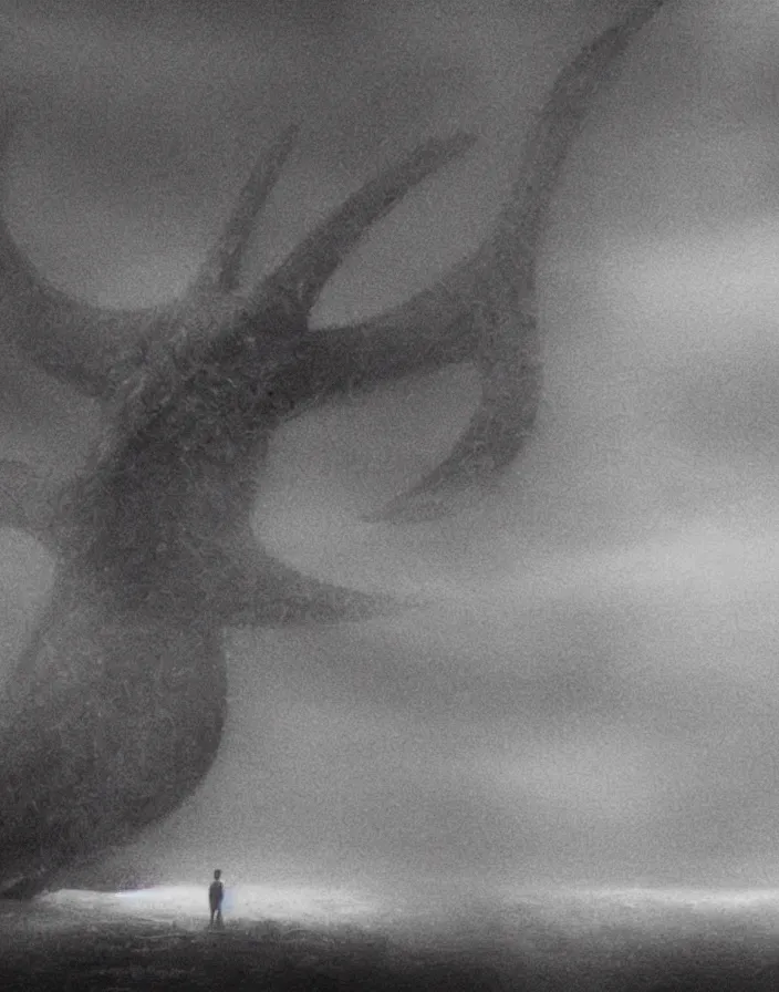 Image similar to very low - resolution found footage of a kaiju starfish monster, fog, foggy, korean film noir, monochrome, red hue, thriller, underdeveloped, epic, dramatic