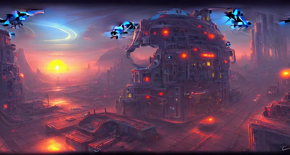 Prompt: canton in cyperpunk setting, lots of drones, big eye is watching, futurism, sunset, distopia, by tyler edlin