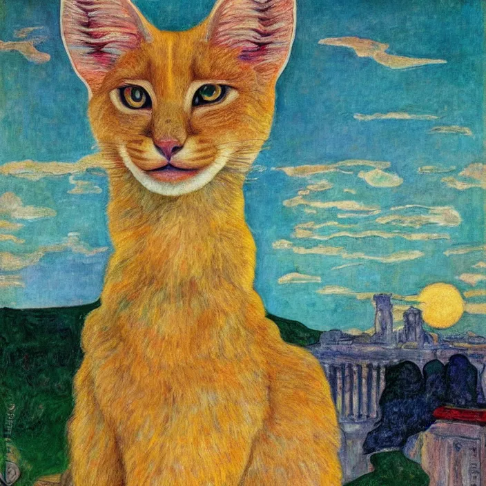 Image similar to close portrait of cute fluffy caracal, with ancient greek city with marble columns temple. sun through the clouds, vivid iridescent colors. agnes pelton, egon schiele, munch, henri de toulouse - lautrec, utamaro, monet