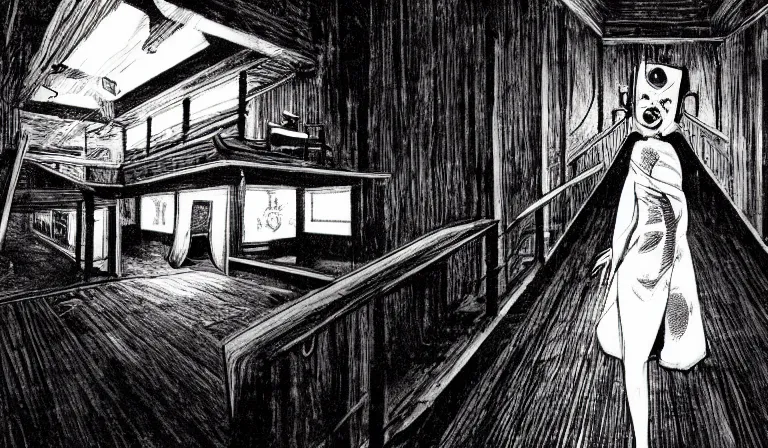 Image similar to First-person horror game, PC game with UI, by Junji Ito