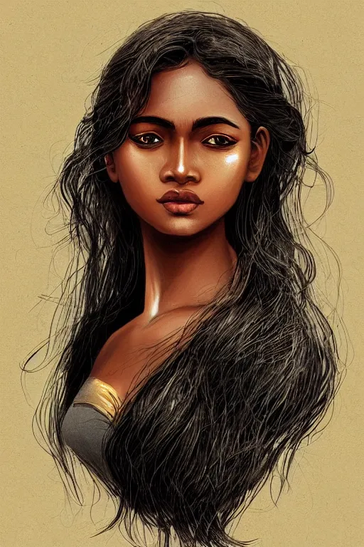 Image similar to A bust of a beautiful black skinned Sri Lankan girl with lovely lips and smooth eyebrows and straight hair, HD, illustration, epic, fantasy, intricate, elegant, amazing detail, digital painting, artstation, concept art, smooth, sharp focus, illustration, art by Turine Tran