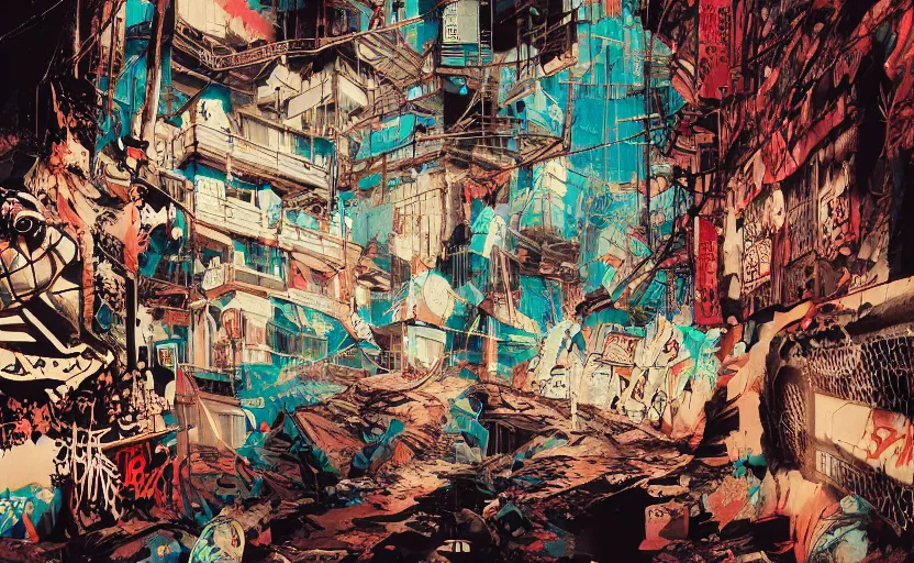 Image similar to a photograph of Japanese graffiti art in 1977, dramatic masterpiece by Beeple, James Jean, Jamie Hewlett, Metal Slug concept art, Metal Gear Solid concept art, Silent Hill concept art, 4k wallpaper, surrealism