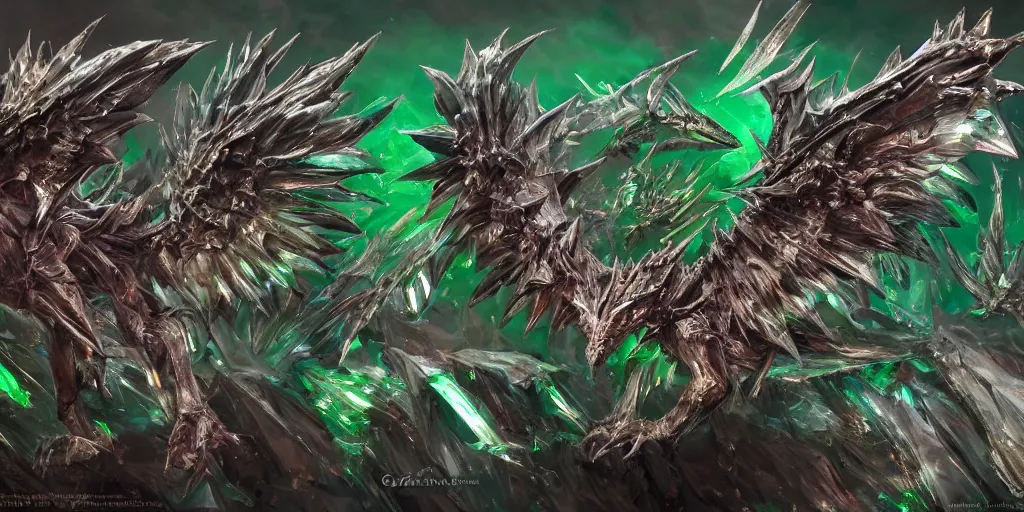 Prompt: Emerald four legged crystal bat, character design sheet, Monster Hunter Illustrations art book, big claws, sharp fangs, huge wings, long tail, iridescent scale patterns, cluster of crystals as spikes on its back, Moebius, Greg Rutkowski, Zabrocki, Karlkka, Jayison Devadas, Phuoc Quan, trending on Artstation, 8K, ultra wide angle, zenith view, pincushion lens effect.