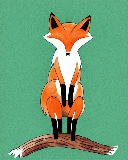 Prompt: fox with bushy tail on a fallen log. ink and watercolor. threadless contest winner. greenscreen background