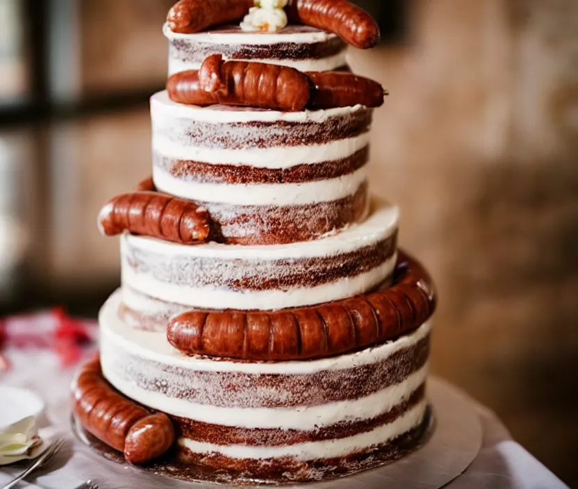 Image similar to photo of a wedding cake with sausages and ketchup