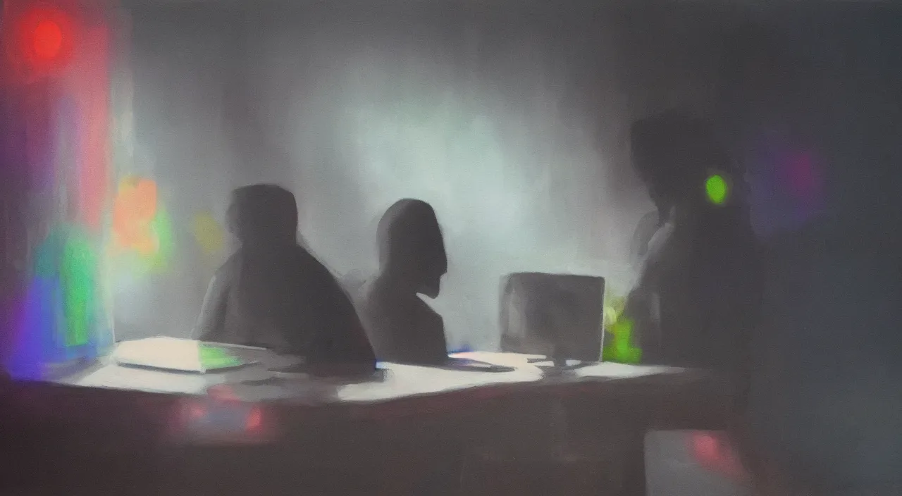Prompt: a shadow figure working on the computer, emitting a bright white light, vivid colors, soft lighting, atmospheric, cinematic, moody, oil on canvas, 8 k