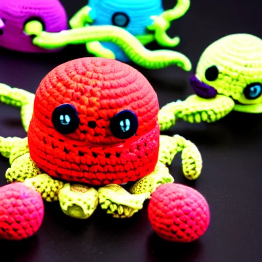 Prompt: a crochet octopus that is eating sushi, crochet octopus eating sushi, photo realistic, indoor lighting