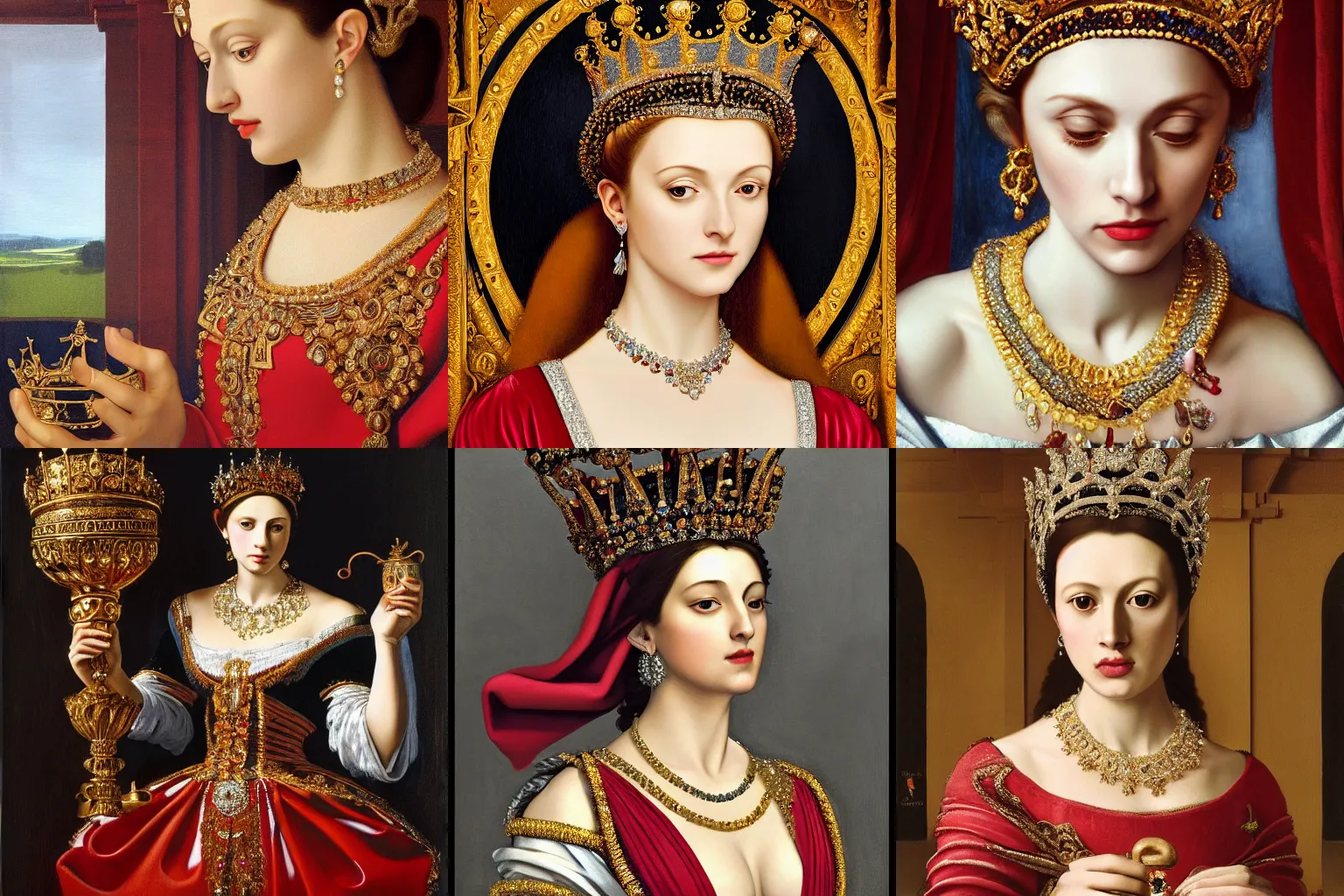 Image similar to A extremely highly detailed majestic hi-res beautiful painting of a beautiful woman wearing a long royal red silk dress, the crown jewels is on her head and she is holding a golden goblet and around her neck is a ornate golden necklace decorated with diamonds and rupees by Michelangelo Merisi da Caravaggio, high detail, hyperrealistic, photorealistic, octante render, cinematic, high textures, hyper sharp, 4k insanely detailed and intricate, hypermaximalist, 8k, hyper realistic, super detailed, 4k HDR hyper realistic high,