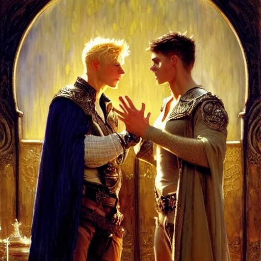 Image similar to attractive arthur pendragon with attractive male merlin the mage. they are in love. highly detailed painting by gaston bussiere, craig mullins, j. c. leyendecker