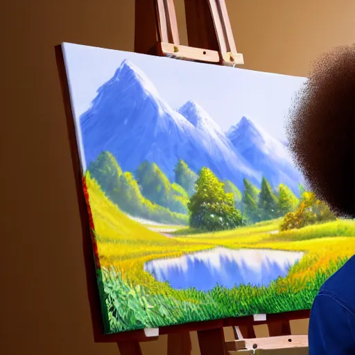 Image similar to a closeup photorealistic photograph of bob ross working on a canvas painting of elmo. film still. brightly lit scene. mountains and trees. this 4 k hd image is trending on artstation, featured on behance, well - rendered, extra crisp, features intricate detail, epic composition and the style of unreal engine.