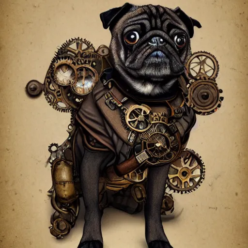 Image similar to pug dressed with inspirations from steampunk style, high detailed, digital art, trending on artstation, devianart, cgsociety