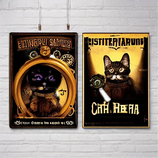 Prompt: steampunk cat, retro, movie poster