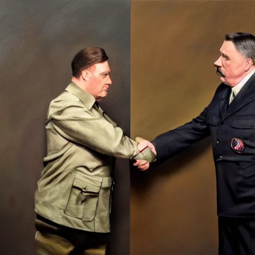 Prompt: hyperrealistic mixed media high resolution painting of James Franco disguised as Adolf Hitler shaking hands with John Goodman, stunning 3d render inspired art by István Sándorfi and Greg Rutkowski and Unreal Engine, perfect facial symmetry, dim volumetric lighting, 8k octane beautifully detailed render, full body shot, post-processing, extremely hyper-detailed, intricate, epic composition, highly detailed attributes, highly detailed atmosphere, cinematic lighting, masterpiece, trending on artstation, very very detailed, masterpiece, stunning, flawless structure, lifelike texture, perfection,
