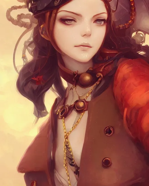 Image similar to a beautiful close up portrait 2D illustration of a young female steampunk pirate wearing leather armor on gold and red trimmings on green, by Charlie Bowater, tom bagshaw, Artgerm and Lois Van Baarle, beautiful anime face, very cool pose, pirate ship with an epic sky background, slightly smiling, cinematic anime lighting and composition, fantasy painting, very detailed, ornate, trending on artstation and pinterest, deviantart, google images