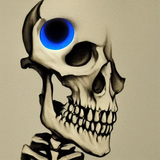 Prompt: skeleton with blue glowing eye, painting