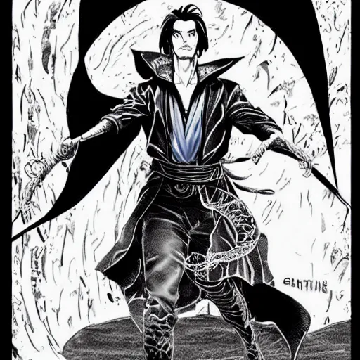 Image similar to pen and ink!!!! attractive 22 year old Dr. Strange Gantz monochrome!!!! Frank Zappa highly detailed manga Vagabond!!!! telepathic floating magic swordsman!!!! glides through a beautiful!!!!!!! battlefield magic the gathering dramatic esoteric!!!!!! pen and ink!!!!! illustrated in high detail!!!!!!!! graphic novel!!!!!!!!! by Hiroya Oku!!!!!!!!! and Frank Miller!!!!!!!!! MTG!!! award winning!!!! full closeup portrait!!!!! action manga panel