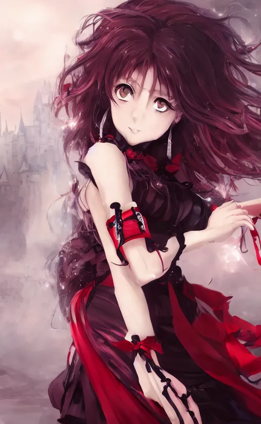 Prompt: an anime girl with a menacing look on her face, with silver and red curly hair, wearing a black and red dress, the background is a beautiful castle interior, dynamic lighting, photorealistic fantasy concept art, trending on art station, stunning visuals, creative, cinematic, ultra detailed