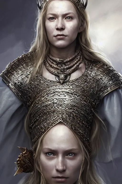 Prompt: Portrait of a Viking queen, wide angle, super highly detailed, professional digital painting, artstation, concept art, smooth, sharp focus, no blur, no dof, extreme illustration, Unreal Engine 5, Photorealism, HD quality, 8k resolution, cinema 4d, 3D, beautiful, cinematic, art by artgerm and greg rutkowski and alphonse mucha and loish and WLOP