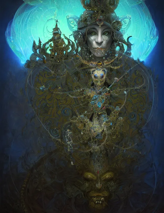 Image similar to front shot of a court jester character, hyperdimensional, bioluminescent hypercubes, dark holography!!!, (((intricate))), elegant, highly detailed, centered, (((artstation, concept art, smooth, sharp focus, artgerm, Tomasz Alen Kopera, Peter Mohrbacher, donato giancola, Joseph Christian Leyendecker, WLOP, Boris Vallejo))), mugshot!!!!!, ugly!!!!!!, octane render, nvidia raytracing demo, octane render, nvidia raytracing demo, octane render, nvidia raytracing demo, grainy, muted, 8K, digitalblasphemy