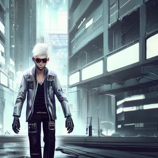 Prompt: boy with white hair in a cyberpunk world, and mechanical buildings, artstation, digital art, highly detailed, intricate, unreal engine, fine detail, smooth, sharp focus, detailed face