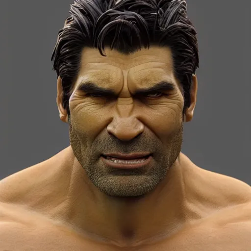 Image similar to detailed 3d render of the incredible hulks face, eric bana, lifelike textures and realistic hair, extreme close detail, high resolution, fine character detail