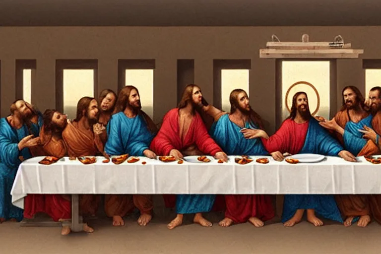 Image similar to tasteless magazine ad of the last supper in a taco bell