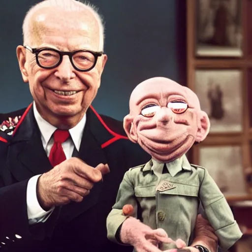 Image similar to UHD candid color photo of Klaus Schwab in Nazi uniform holding a Joe Biden ventriloquist dummy, accurate faces, UHD, photorealistic, correct face, photo by Annie Leibowitz