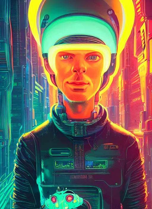 Image similar to portrait philip j. fry from futurama inside an scifi tentacles wires futuristic city, beautiful neon cats, cinematic, highly detailed, photorealistic, rich bright colors, trending on artstation, giger, tsutomu nihei, trending on cgsociety, awe inspiring bruce pennington cityscape, digital art painting of 1 9 6 0 s