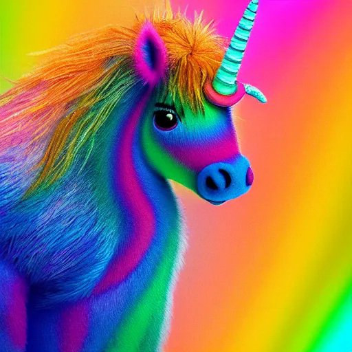 Image similar to full body pose, hyperrealistic photograph of a cute fuzzy rainbow unicorn, dim volumetric lighting, 8 k, octane beautifully detailed render, extremely hyper detailed, intricate, epic composition, cinematic lighting, masterpiece, trending on artstation, very very detailed, stunning, hdr, smooth, sharp focus, high resolution, award, winning photo, dslr, 5 0 mm