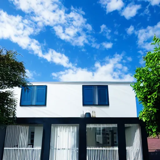 Image similar to house futurist, green yard, deep, blue sky with few white cloud, focus on the house