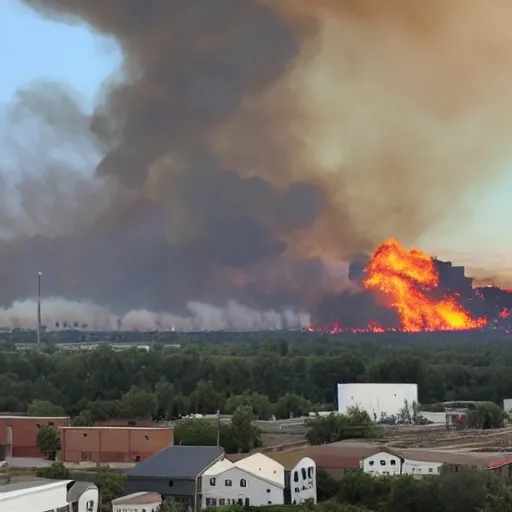 Image similar to Warehouse fire, catastrophic, blazing fire, industrial fire, industrial explosion, photo taken from far away, taken from afar