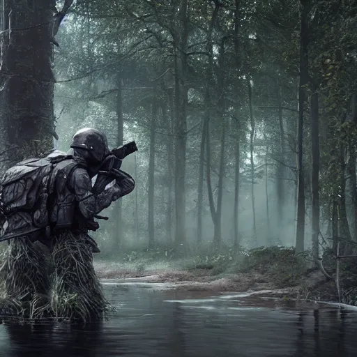 Image similar to concept art of huge trooper helmet, trees, puddles of water, bushes and leafs, by filip hoda, beeple, greg rutkowski, octane render, cryengine, details, hyper realistic