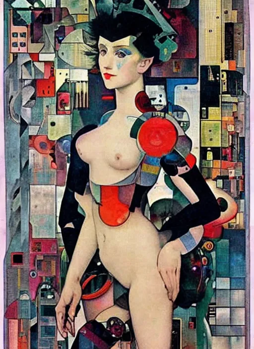 Prompt: cute punk goth fashion fractal tattoed mecha blonde girl wearing a television tube helmet and kimono made of circuits and leds, surreal Dada collage by Man Ray Kurt Schwitters Hannah Höch Alphonse Mucha Beeple