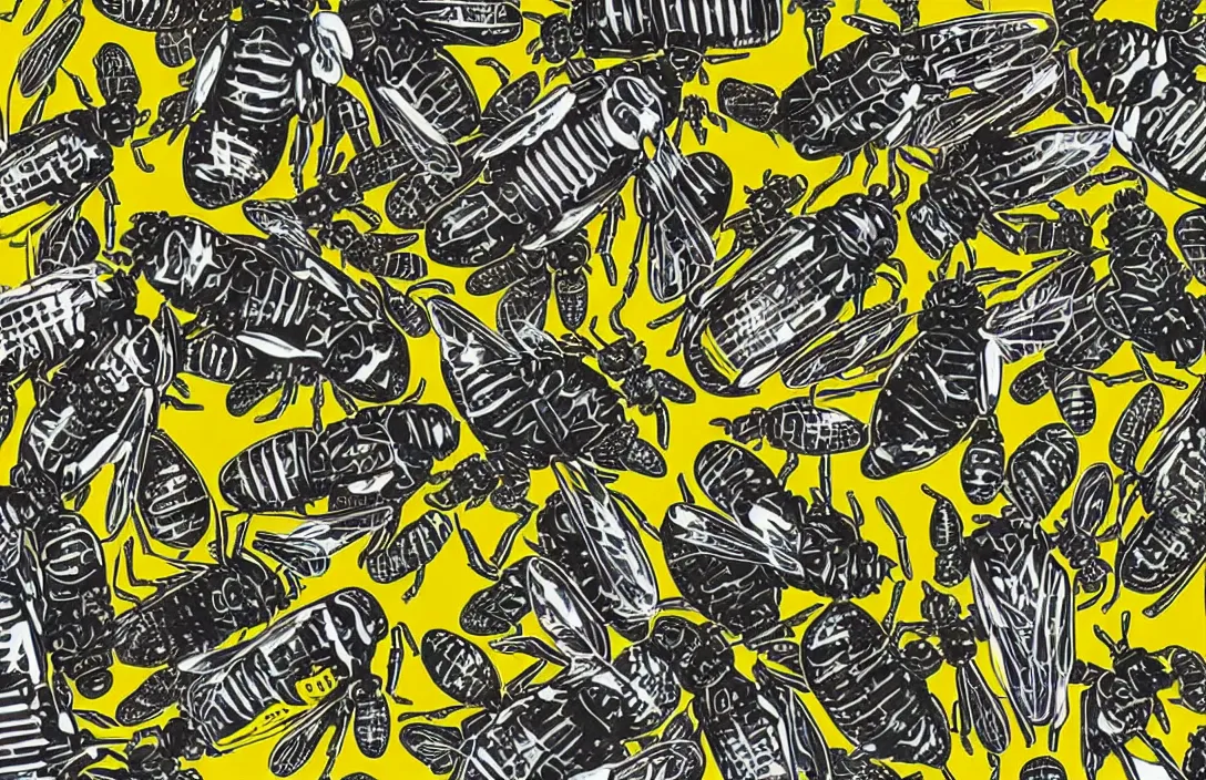 Image similar to pop art collage of mechanical bees, style of Andy Warhol