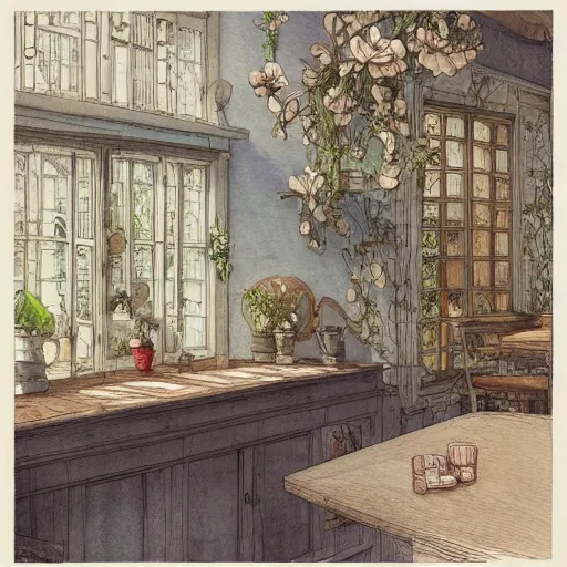 Image similar to a beautiful intricate watercolor illustration of a kitchen, flowers, leaves, 4 k, ultra - wide angle, by william turner, by victo ngai, by moebius, by gustave dore, hd, trending on artstation, hyper detailed, muted intense colors