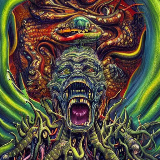 Image similar to a hyper - detailed high painting of giant heads joined by snakes, the heads are open they have spiked scales and sharp teeth, the mouth is open and monstrous beings of all kinds run and scream, psychedelic horror surreal art cosmic horror weird bizarre art