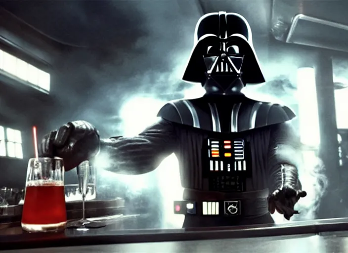 Image similar to film still of Darth Vader working as a bartender in the new Star Wars movie, 4k